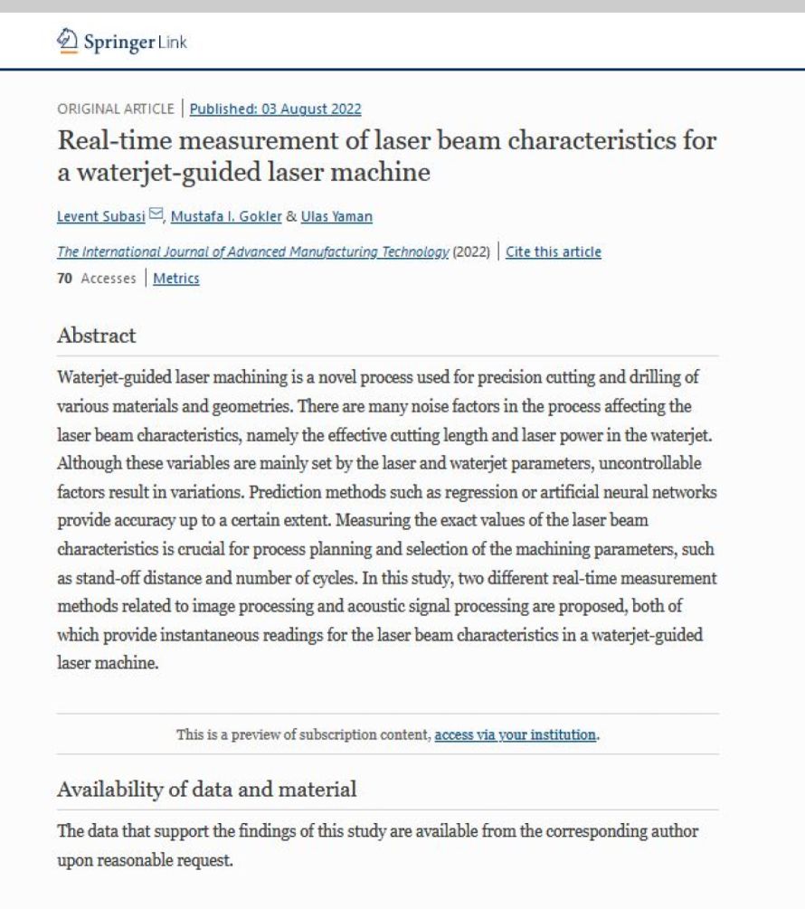 Cover page of the publication "Real-time measurement of laser beam characteristics for a waterjet-guided laser machine", illustrating XARION's optical microphone / laser-excited ultrasound technology