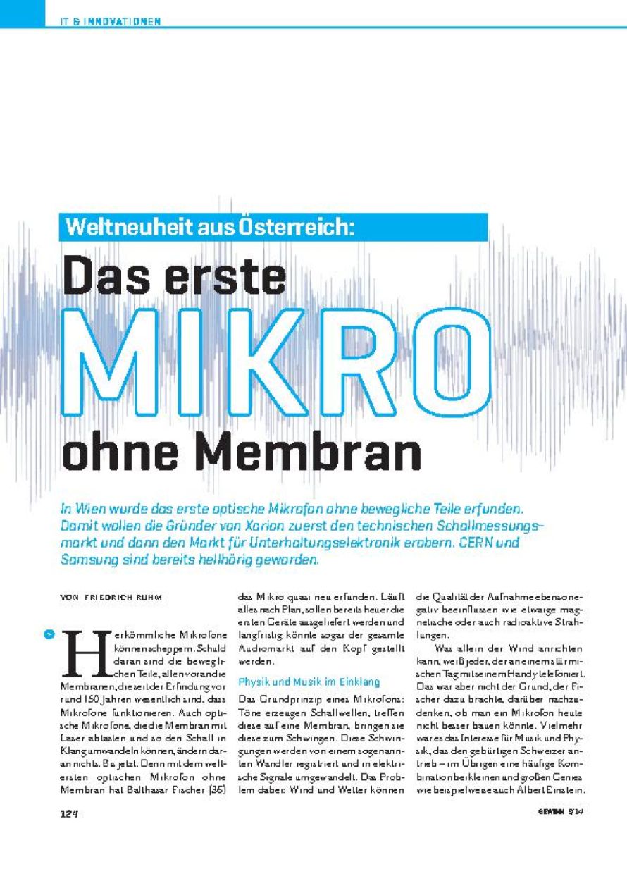 Press article &ldquo;Das erste MIKRO ohne Membran&rdquo; in GEWINN (03/2014), in German, about the first membrane-free microphone
