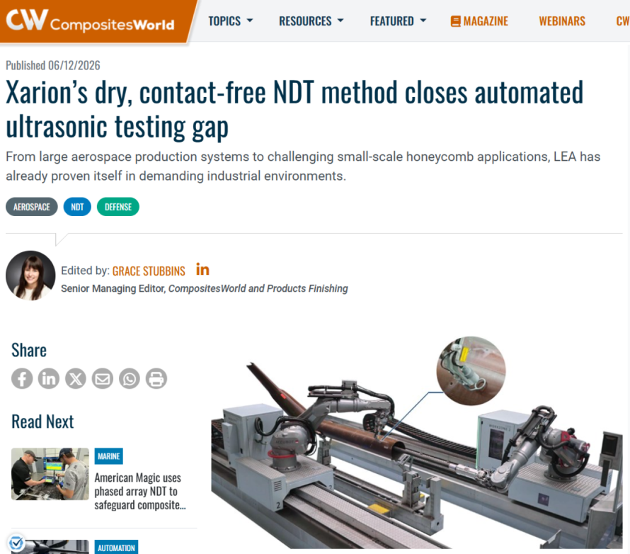 Artikelseite &bdquo;Xarion&rsquo;s dry, contact-free NDT method closes automatedultrasonic testing gap&ldquo; in Composites World (06/2026), ein Presseartikel &uuml;ber die trockene, ber&uuml;hrungslose Ultraschallpr&uuml;fung von XARION