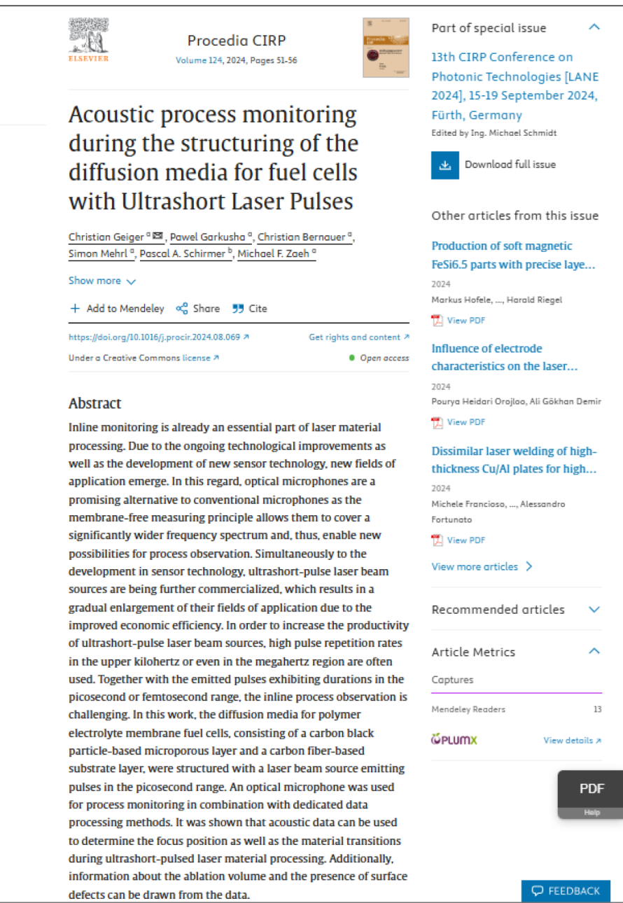 Cover page of the publication &ldquo;Acoustic process monitoring during the structuring of diffusion media for fuel cells with Ultrashort Laser Pulses&rdquo;, illustrating XARION's optical microphone / laser-excited ultrasound technology