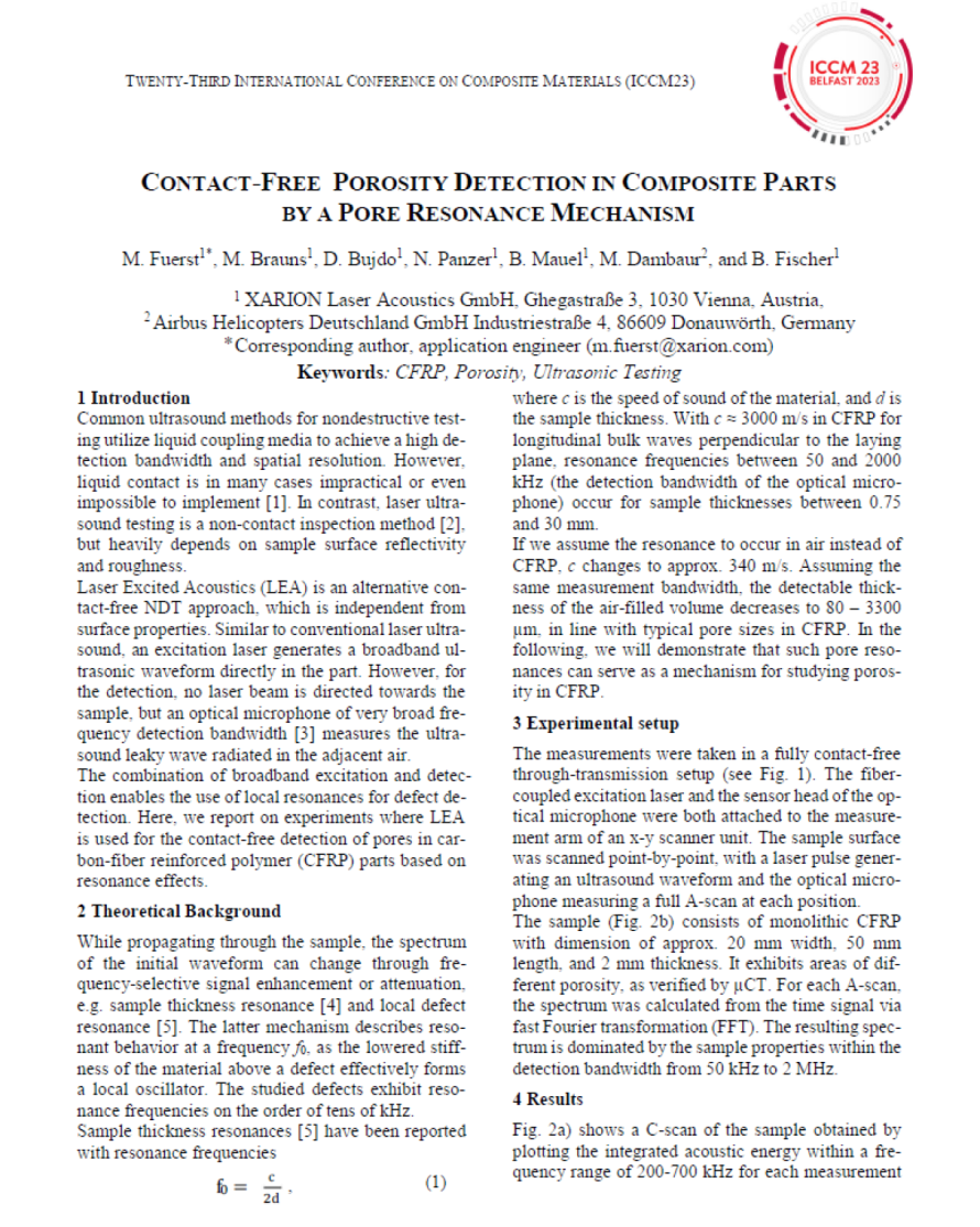 Cover page of the 23rd International Conference on Composite Materials (ICCM-23) publication "Contact-Free Porosity Detection in Composite Parts by a Pore Resonance Mechanism", illustrating XARION's optical microphone / laser-excited ultrasound technology