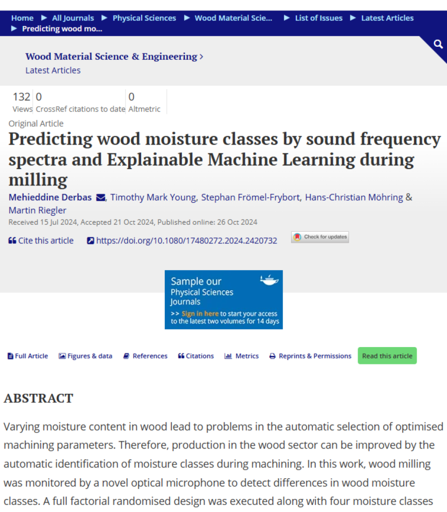 Cover page of the publication &ldquo;Predicting Wood Moisture Classes by Sound Frequency Spectra and Explainable Machine Learning during Milling&rdquo;, illustrating XARION's optical microphone / laser-excited ultrasound technology