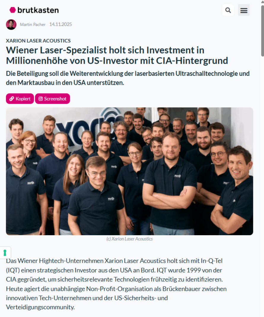 Artikelseite &bdquo;Investment f&uuml;r Wiener Laser-Spezialist &ndash; US-Investor mit CIA-Hintergrund an Bord&ldquo; in brutkasten.at (11/2025), ein Presseartikel &uuml;ber die Finanzierungsrunde von XARION
