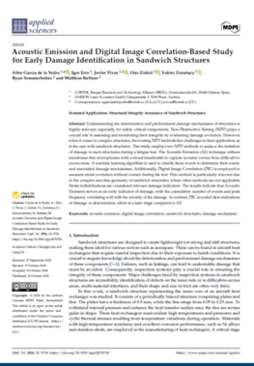 Cover page of the Applied Sciences (MDPI) publication &ldquo;Acoustic Emission and Digital Image Correlation-Based Study for Early Damage Identification in Sandwich Structures&rdquo;, illustrating XARION's optical microphone / laser-excited ultrasound technology
