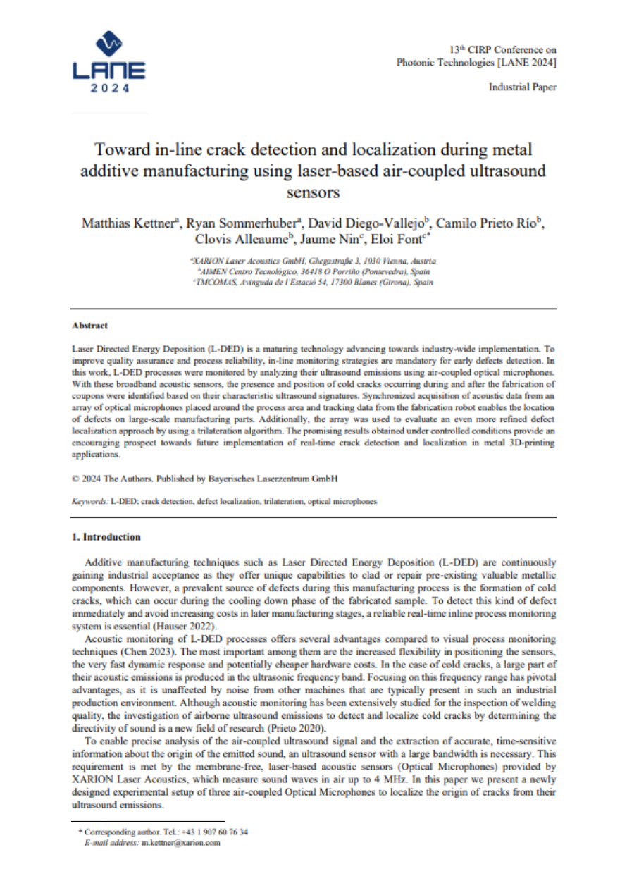 Cover page of the 13th CIRP Conference on Photonic Technologies (LANE 2024) publication "Toward in-line crack detection and localization during metal additive manufacturing using laser-based air-coupled ultrasound sensors", illustrating XARION's optical m