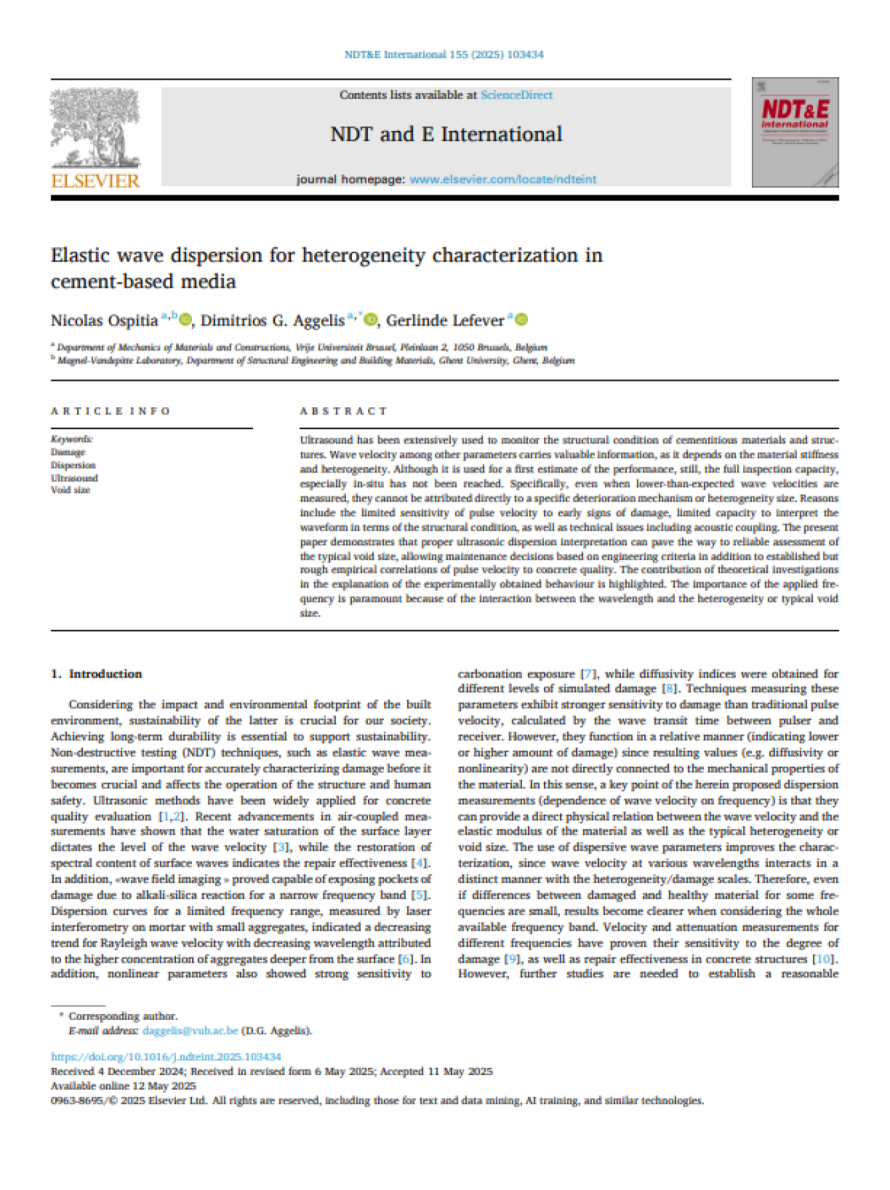 Cover page of the publication &ldquo;Elastic wave dispersion for heterogeneity characterization in cement-based media&rdquo;, illustrating XARION's optical microphone / laser-excited ultrasound technology