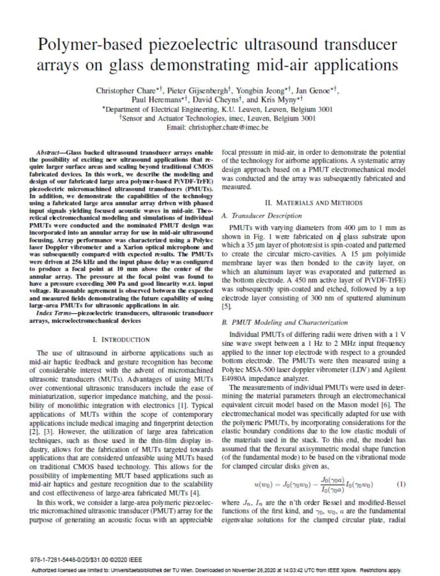 Cover page of the IEEE publication "Polymer-based piezoelectric ultrasound transducer arrays on glass demonstrating mid-air applications", illustrating XARION's optical microphone / laser-excited ultrasound technology