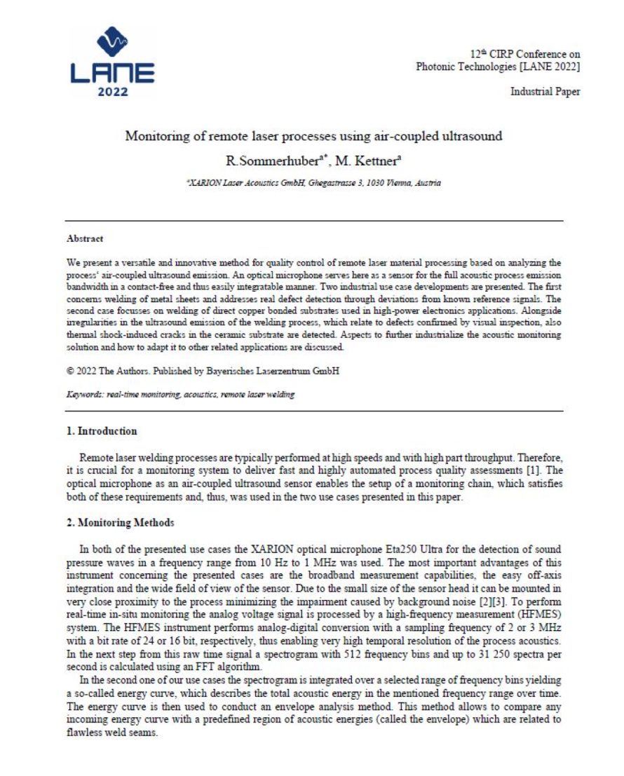 Cover page of the LANE 2022 conference publication &ldquo;Monitoring of Remote Laser Processes Using Air-Coupled Ultrasound&rdquo;, illustrating XARION's optical microphone / laser-excited ultrasound technology