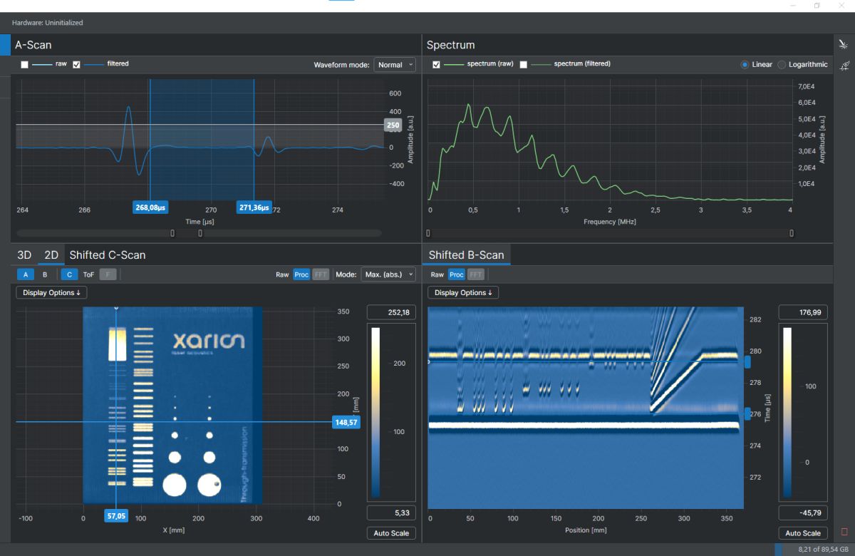 Screenshot of the LEAstudio software interface showing A-scan, spectrum, and 2D/3D C-scan and B-scan visualizations of an ultrasonic inspection