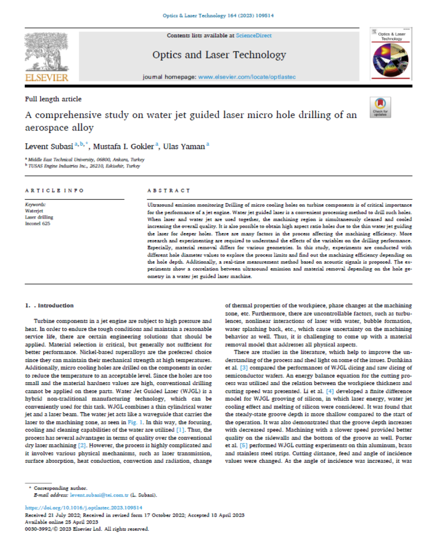 Cover page of the publication &ldquo;A Comprehensive Study on Water Jet Guided Laser Micro Hole Drilling of an Aerospace Alloy&rdquo;, illustrating XARION's optical microphone / laser-excited ultrasound technology