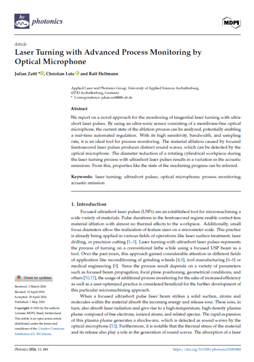 Cover page of the Photonics (MDPI) publication "Laser Turning with Advanced Process Monitoring by Optical Microphone", illustrating XARION's optical microphone / laser-excited ultrasound technology
