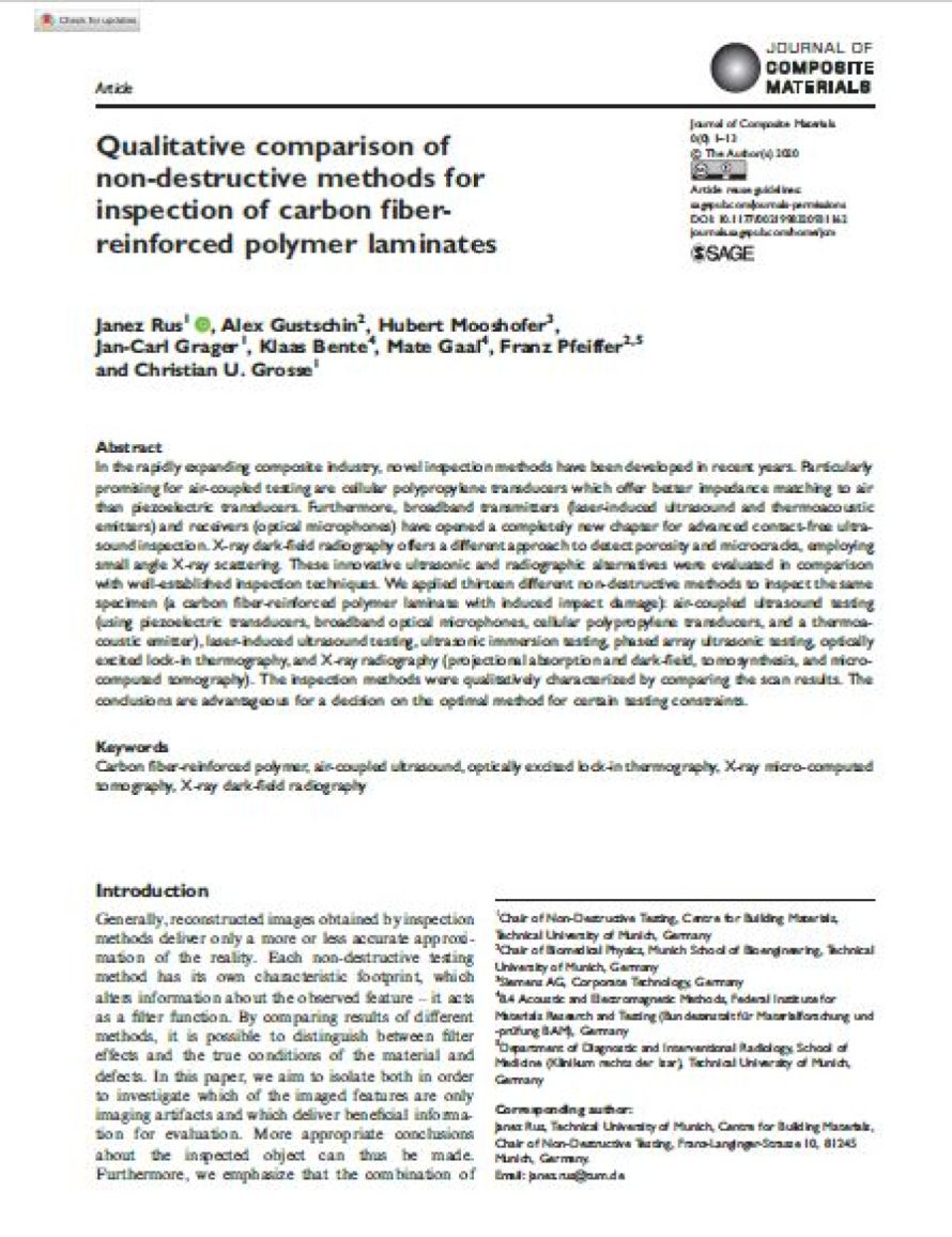 Cover page of the Journal of Composite Materials publication "Qualitative comparison of non-destructive methods for inspection of carbon fiber-reinforced polymer laminates", illustrating XARION's optical microphone / laser-excited ultrasound technology