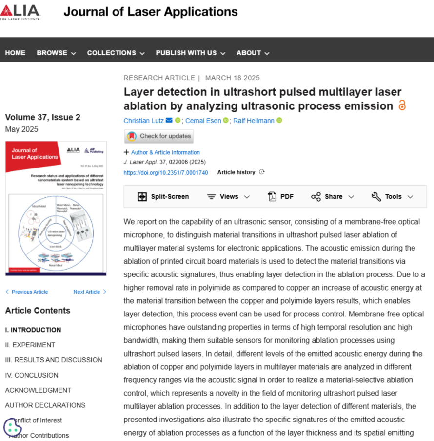 Cover page of the publication &ldquo;Layer Detection in Ultrashort Pulsed Multilayer Laser Ablation by Analyzing Ultrasonic Process Emission&rdquo;, illustrating XARION's optical microphone / laser-excited ultrasound technology