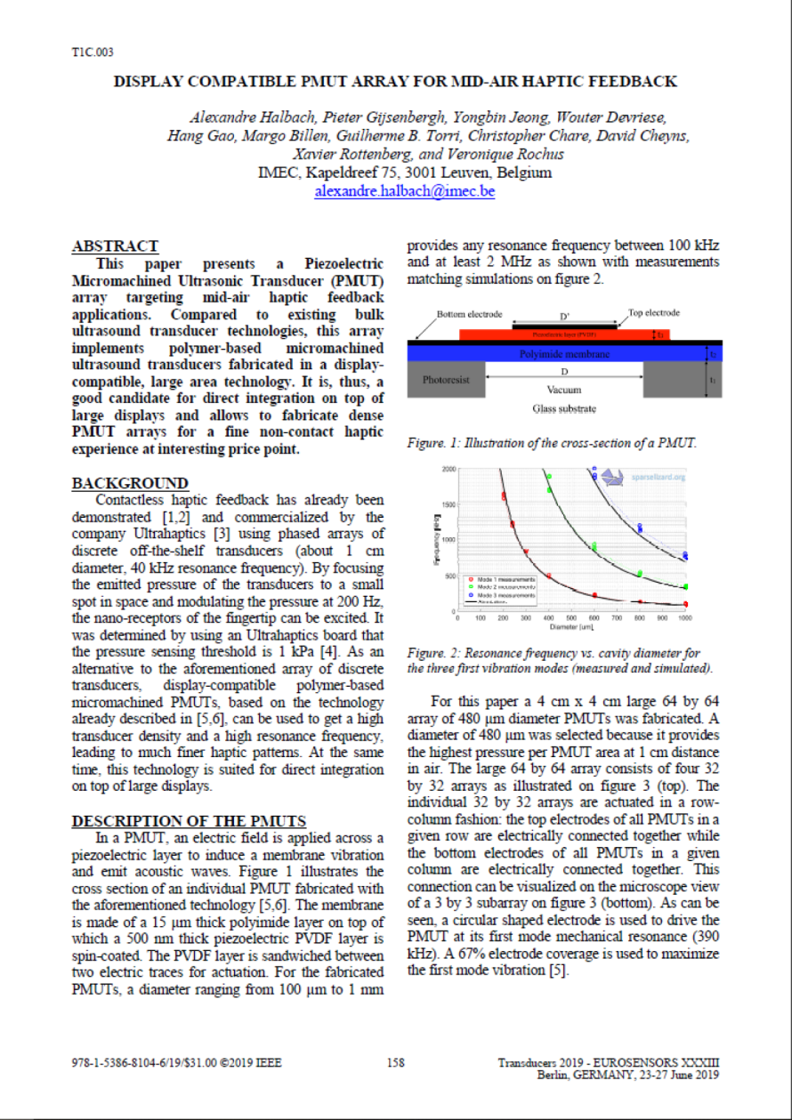 Cover page of the publication "Display Compatible PMUT Array for Mid-Air Haptic Feedback", illustrating XARION's optical microphone / laser-excited ultrasound technology