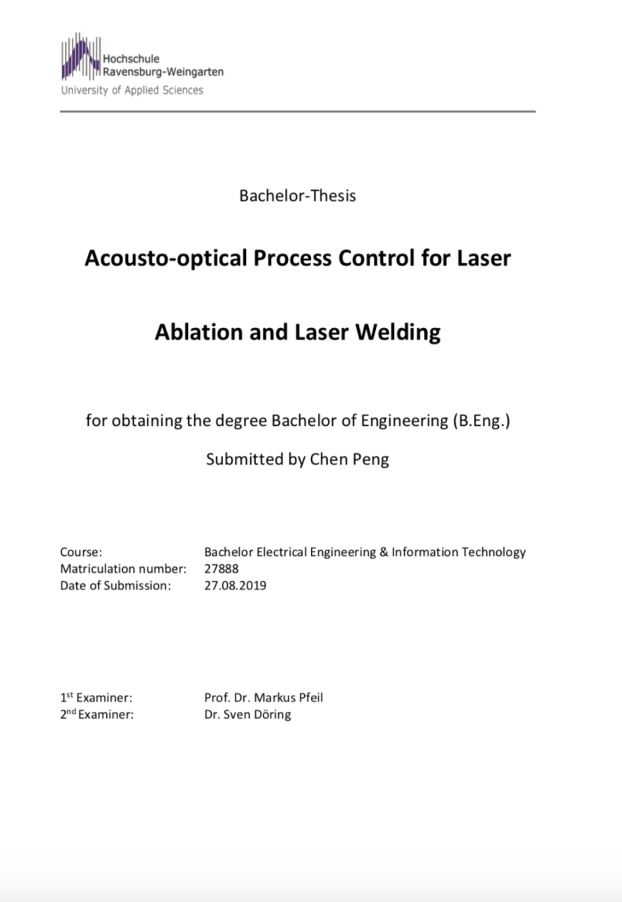 Cover page of the publication "Acousto-optical Process Control for Laser Ablation and Laser Welding", illustrating XARION's optical microphone / laser-excited ultrasound technology