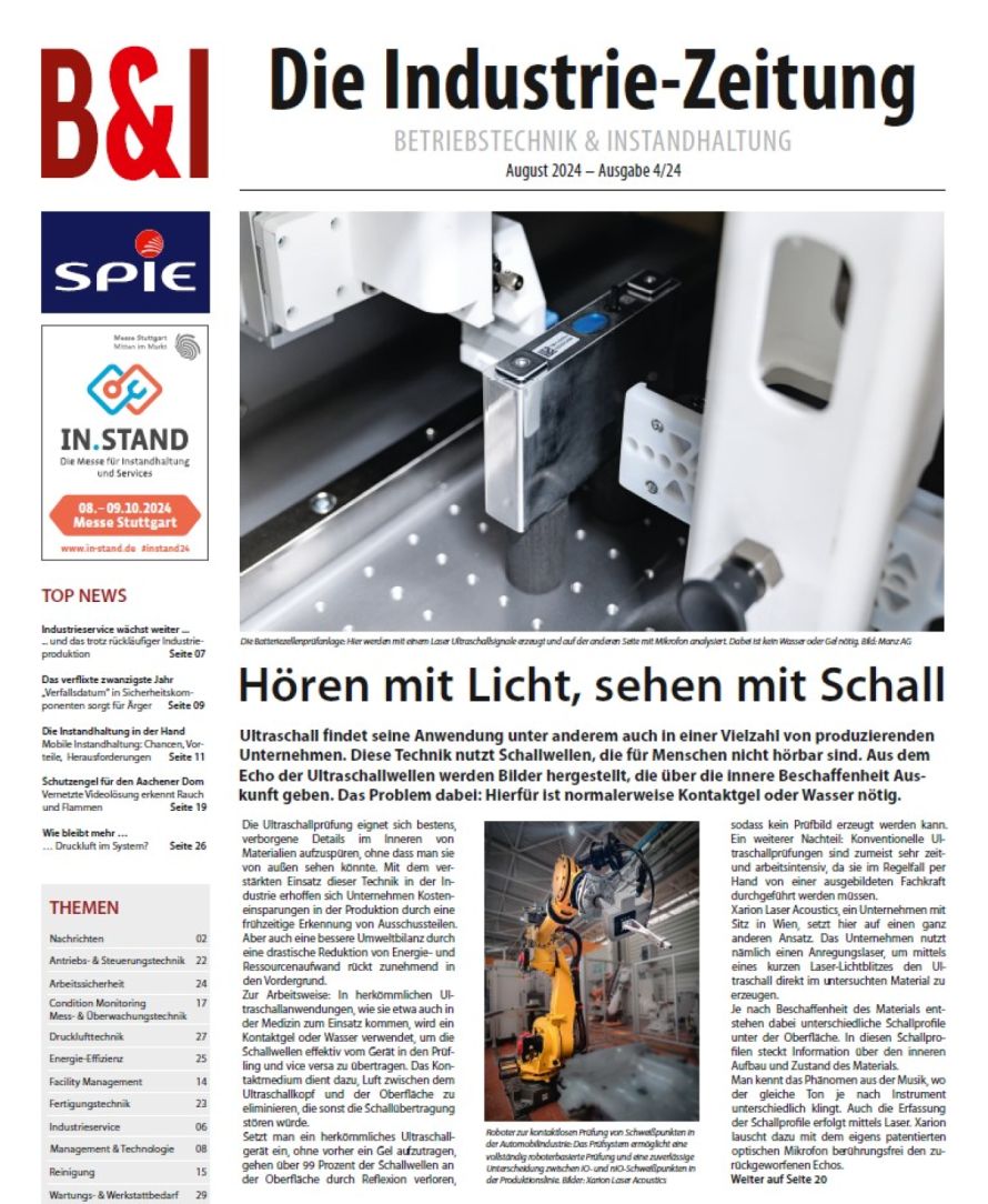 Press article &ldquo;H&ouml;ren mit Licht, sehen mit Schall&rdquo; in Betriebstechnik & Instandhaltung (08/2024), in German, about XARION&rsquo;s optical microphone technology