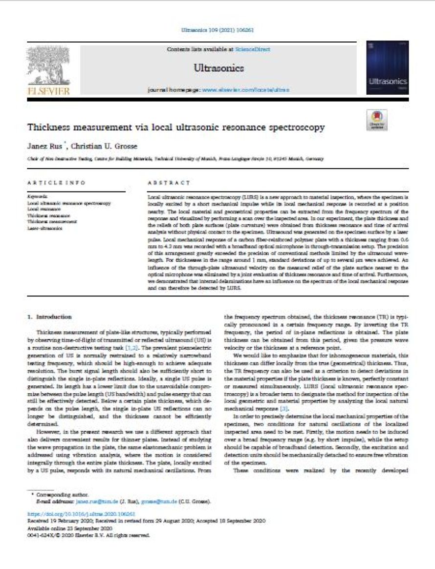 Cover page of the Ultrasonics publication "Thickness measurement via local ultrasonic resonance spectroscopy", illustrating XARION's optical microphone / laser-excited ultrasound technology