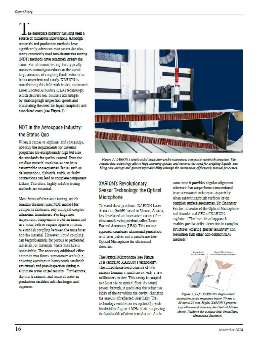 Artikelseite &bdquo;Industrialization of Dry, Automated Ultrasonic Testing for the Aerospace Sector with XARION's Laser Excited Acoustics&ldquo; in NDT Trends (11/2024)
