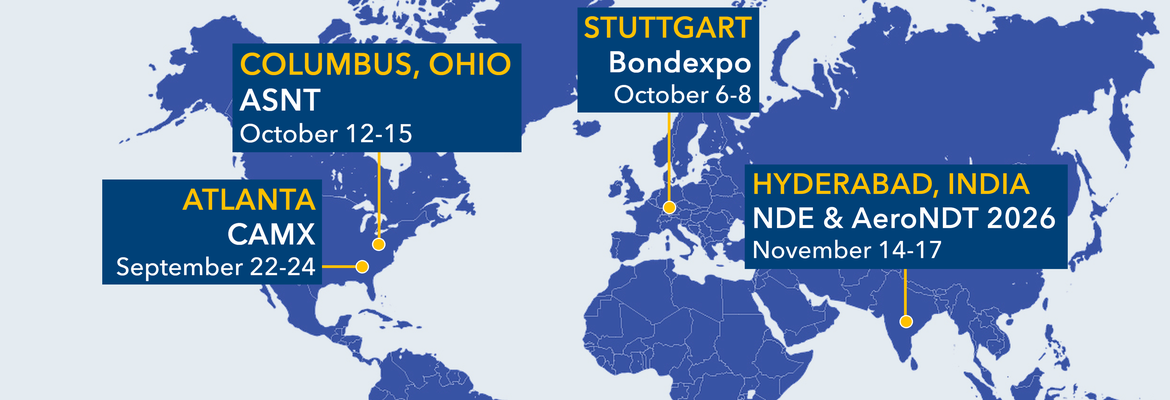 Weltkarte mit den kommenden Messestandorten von XARION: Columbus, Ohio (ASNT), Stuttgart (Bondexpo), Atlanta (CAMX) und Hyderabad (NDE & AeroNDT 2026)