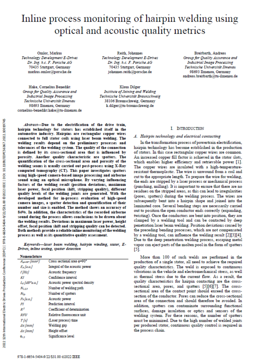 Cover page of the publication &ldquo;Inline Process Monitoring of Hairpin Welding Using Optical and Acoustic Quality Metrics&rdquo;, illustrating XARION's optical microphone / laser-excited ultrasound technology