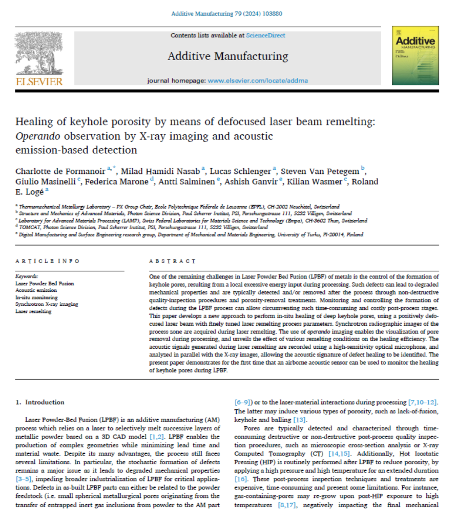 Cover page of the publication &ldquo;Healing of Keyhole Porosity by Means of Defocused Laser Beam Remelting: Operando Observation by X-ray Imaging and Acoustic Emission-Based Detection&rdquo;, illustrating XARION's optical microphone / laser-excited ultrasound techno