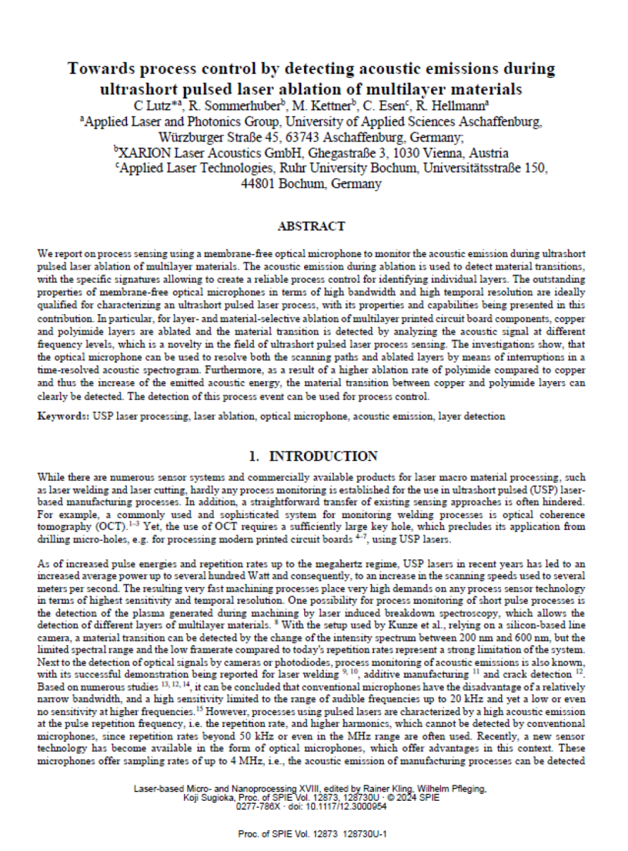 Cover page of the publication &ldquo;Towards Process Control by Detecting Acoustic Emissions during Ultrashort Pulsed Laser Ablation of Multilayer Materials&rdquo;, illustrating XARION's optical microphone / laser-excited ultrasound technology