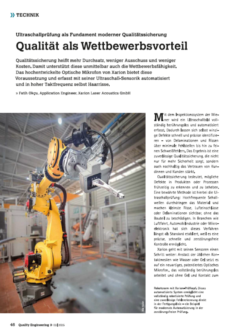 Press article &ldquo;Qualit&auml;t als Wettbewerbsvorteil - Ultraschallpr&uuml;fung als Fundament moderner Qualit&auml;tssicherung&rdquo; in Quality Engineering (05/2025), in German, about ultrasonic testing in quality assurance