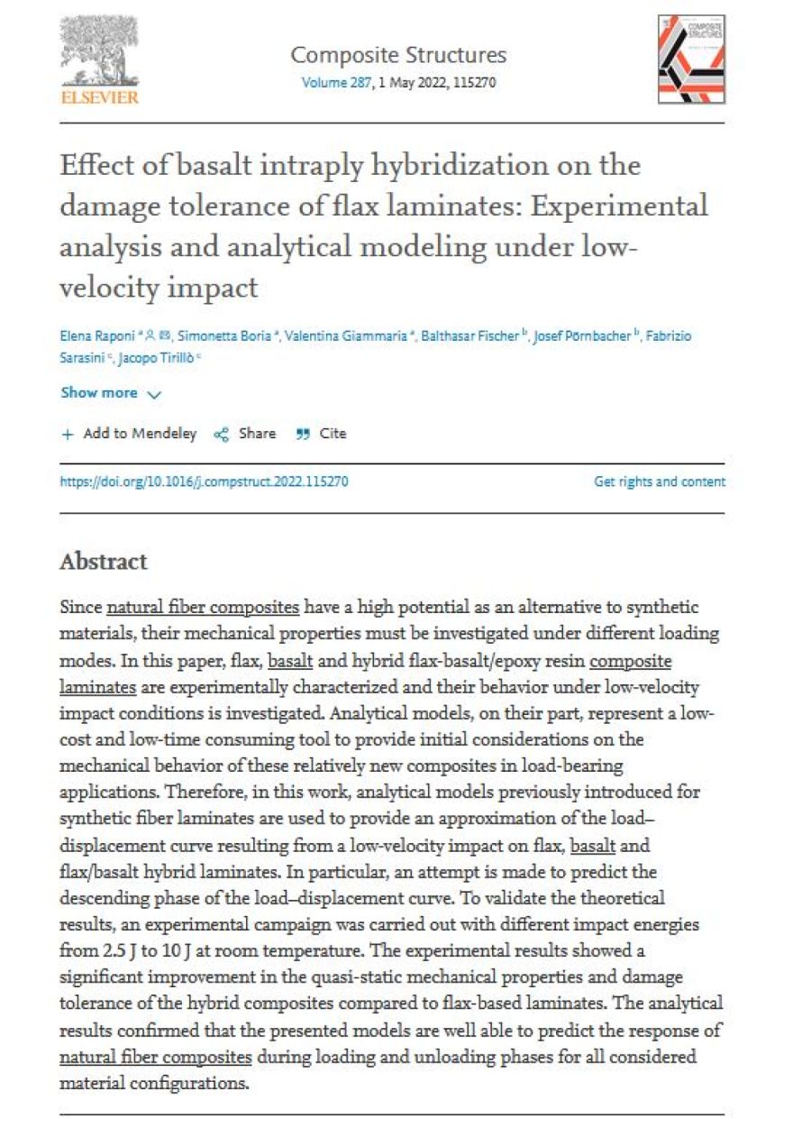 Cover page of the publication "Effect of basalt intraply hybridization on the damage tolerance of flax laminates: Experimental analysis and analytical modeling under low-velocity impact", illustrating XARION's optical microphone / laser-excited ultrasound