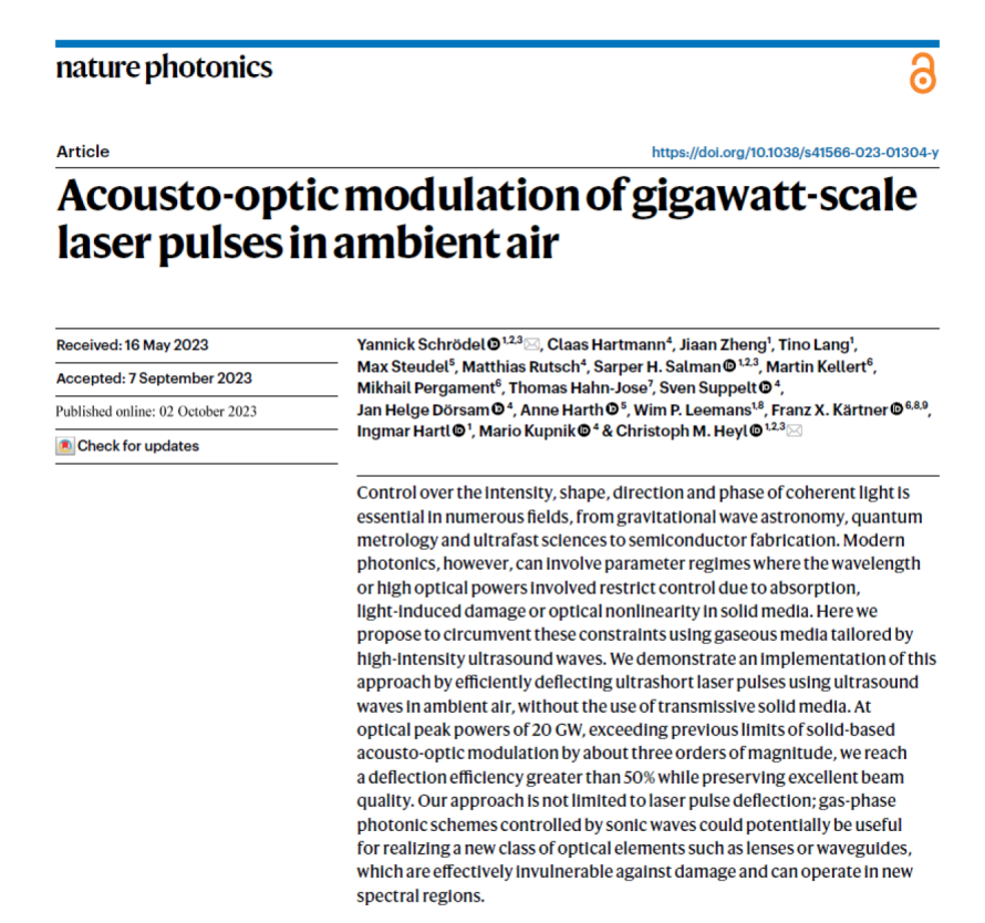 Cover page of the Nature Photonics publication &ldquo;Acousto-Optic Modulation of Gigawatt-Scale Laser Pulses in Ambient Air&rdquo;, illustrating XARION's optical microphone / laser-excited ultrasound technology