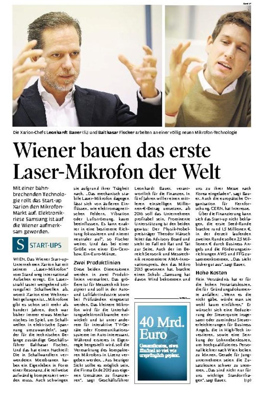 Press article &ldquo;Wiener bauen das erste Laser-Mikrofon der Welt&rdquo; in Wirtschaftsblatt (12/2013), in German, about the first laser microphone