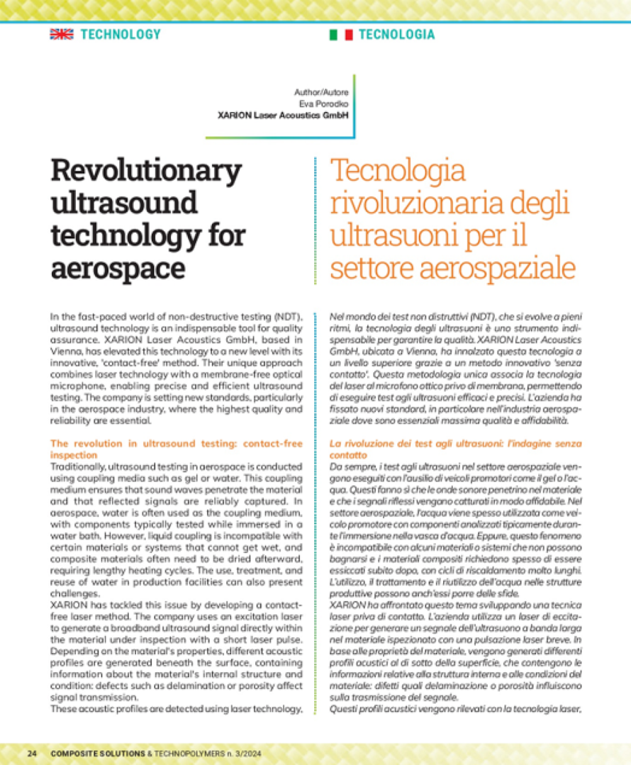 Artikelseite &bdquo;Revolutionary ultrasound technology for aerospace&ldquo; in Composite Solutions & Technopolymers (09/2024), ein Presseartikel &uuml;ber Ultraschalltechnologie f&uuml;r die Luftfahrt von XARION