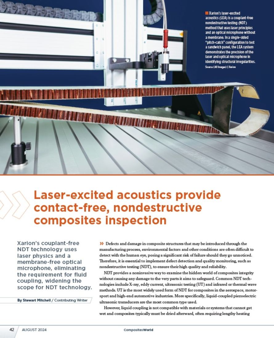 Screenshot of the Composites World article web page on XARION's dry, contact-free NDT method, showing a photo of a robotic inspection scanner