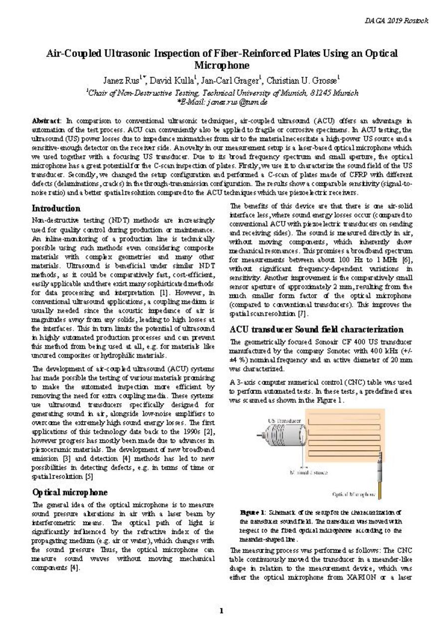 Titelseite der Publikation der DAGA-2019-Konferenz &bdquo;Air-Coupled Ultrasonic Inspection of Fiber-Reinforced Plates Using an Optical Microphone&ldquo; &ndash; zeigt die Optisches-Mikrofon-/Laser-Ultraschall-Technologie von XARION
