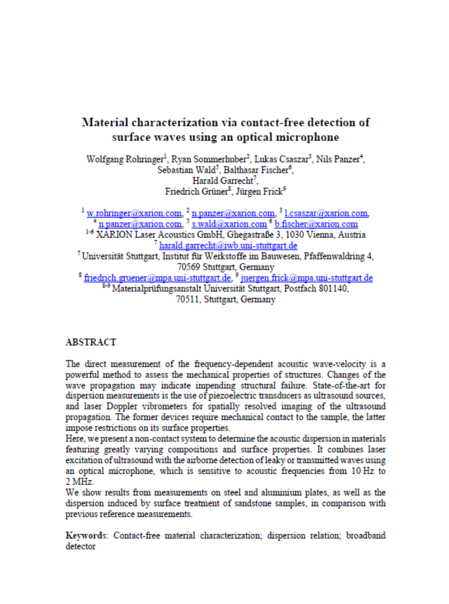 Titelseite der Publikation &bdquo;Material characterization via contact-free detection of surface waves using an optical microphone&ldquo; &ndash; zeigt die Optisches-Mikrofon-/Laser-Ultraschall-Technologie von XARION