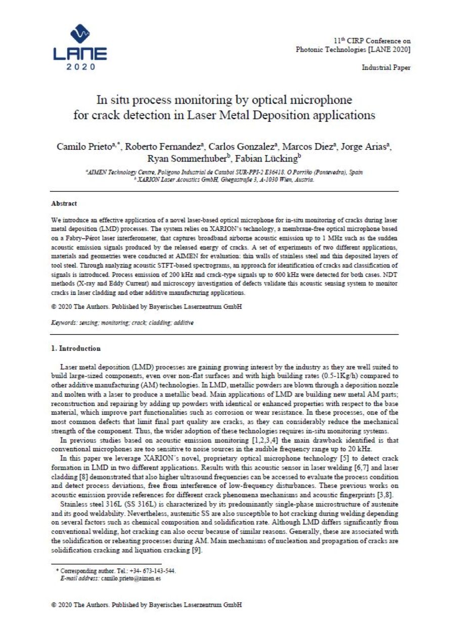 Cover page of the LANE 2020 conference publication "In situ process monitoring by optical microphone for crack detection in Laser Metal Deposition applications", illustrating XARION's optical microphone / laser-excited ultrasound technology