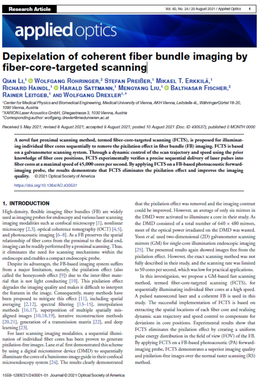 Cover page of the Applied Optics publication "Depixelation of coherent fiber bundle imaging by fiber-core-targeted scanning", illustrating XARION's optical microphone / laser-excited ultrasound technology
