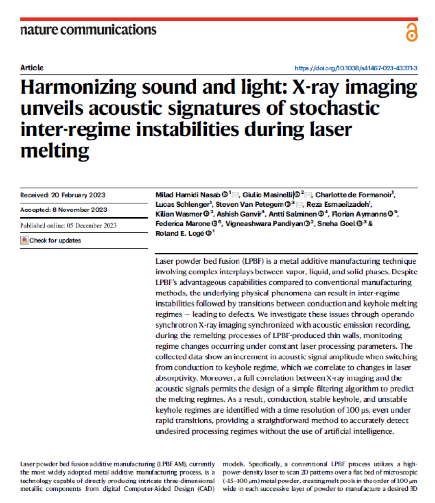Cover page of the Nature Communications paper &ldquo;Harmonizing Sound and Light: X-ray Imaging Unveils Acoustic Signatures of Stochastic Inter-Regime Instabilities during Laser Melting&rdquo;, illustrating XARION's optical microphone technology
