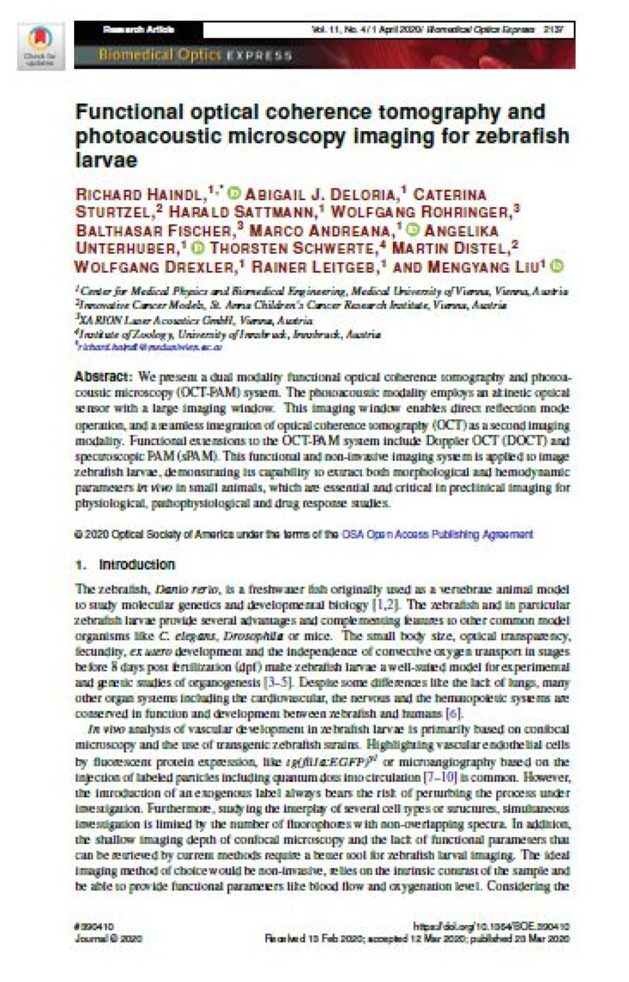 Cover page of the publication "Functional optical coherence tomography and photoacoustic microscopy imaging for zebrafish larvae", illustrating XARION's optical microphone / laser-excited ultrasound technology