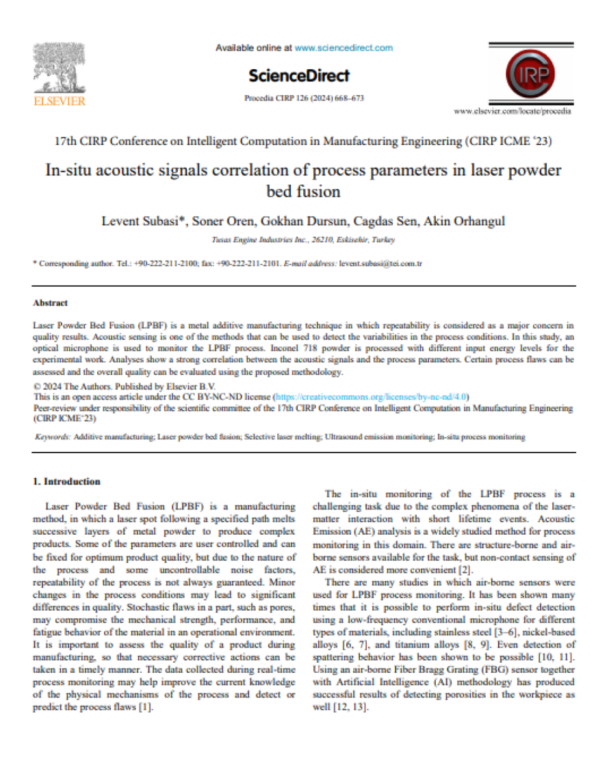 Cover page of the publication &ldquo;In-situ Acoustic Signals Correlation of Process Parameters in Laser Powder Bed Fusion&rdquo;, illustrating XARION's optical microphone / laser-excited ultrasound technology