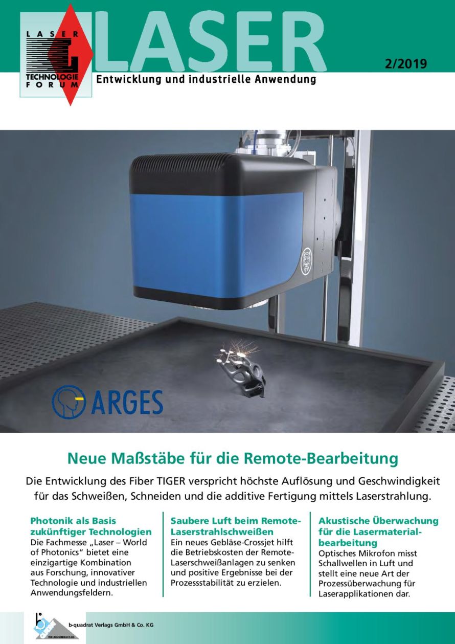 Cover page of the German-language trade magazine "Laser" (issue 2/2019) publication "Akustische Ueberwachung fuer die Lasermaterialbearbeitung" (Acoustic Monitoring for Laser Material Processing), illustrating XARION's optical microphone / laser-excited u