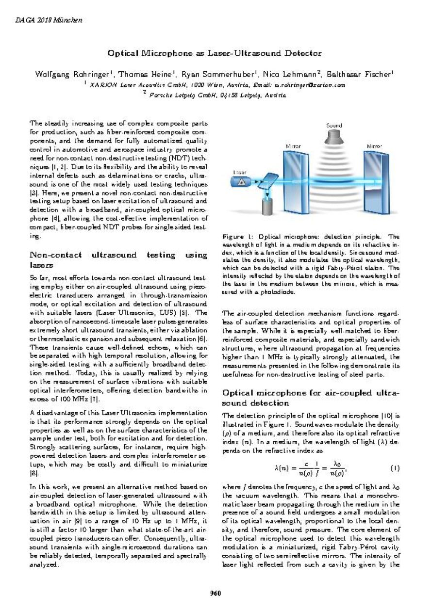 Cover page of the DAGA conference publication "Ultrasound inspection of spot-welded joints", illustrating XARION's optical microphone / laser-excited ultrasound technology