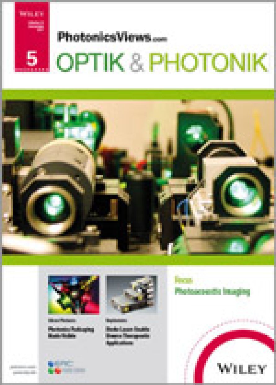 Cover page of the Optik & Photonik publication "Listening to Ultrasound with a Laser", illustrating XARION's optical microphone / laser-excited ultrasound technology