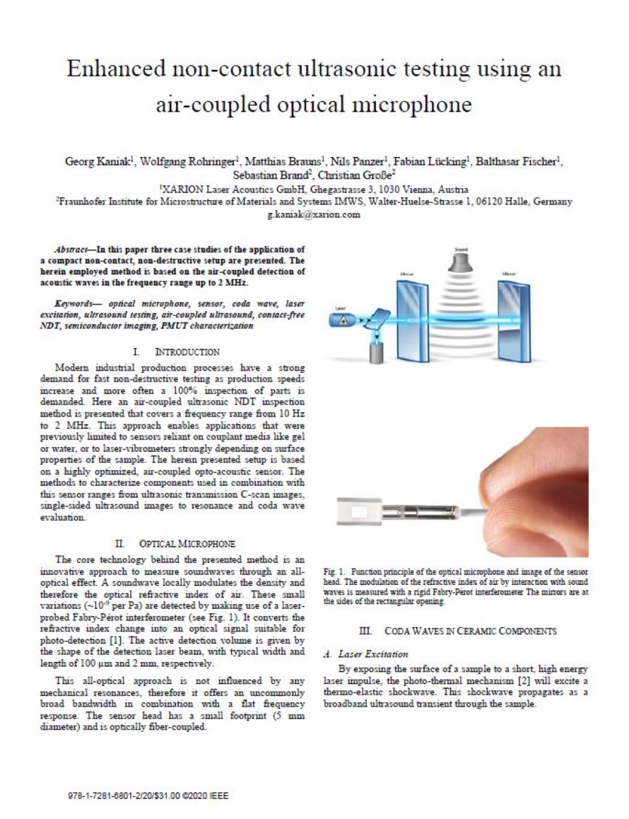 Cover page of the IEEE Sensors publication "Enhanced non-contact ultrasonic testing using an air-coupled optical microphone", illustrating XARION's optical microphone / laser-excited ultrasound technology