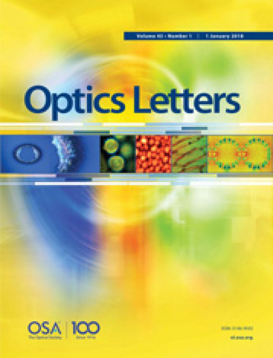 Cover page of the Optics Letters publication "Dual modality reflection mode optical coherence and photoacoustic microscopy using an akinetic sensor", illustrating XARION's optical microphone / laser-excited ultrasound technology