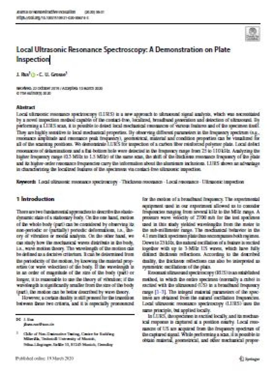 Cover page of the publication "Local Ultrasonic Resonance Spectroscopy: A Demonstration on Plate Inspection", illustrating XARION's optical microphone / laser-excited ultrasound technology