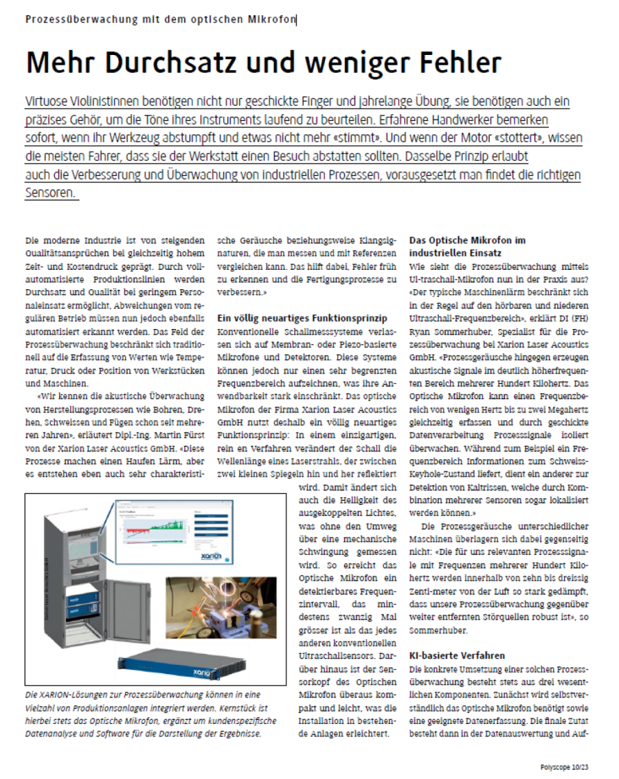 Press article &ldquo;Mehr Durchsatz und weniger Fehler - Prozess&uuml;berwachung mit dem optischen Mikrofon&rdquo; in Polyscope (10/2023), in German, about XARION&rsquo;s optical microphone technology