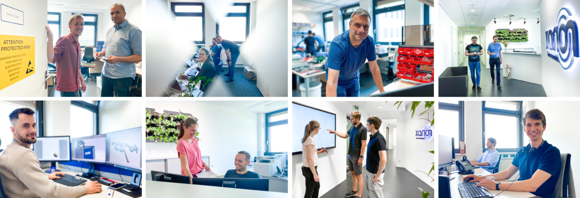 Photo collage of the XARION team at work: employees in the office, at their screens and in the reception area with the XARION logo