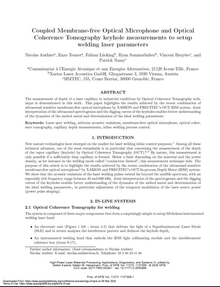 Cover page of the publication "Air-coupled membrane-free optical microphone and optical coherence tomography keyhole measurements to setup welding laser parameters", illustrating XARION's optical microphone / laser-excited ultrasound technology