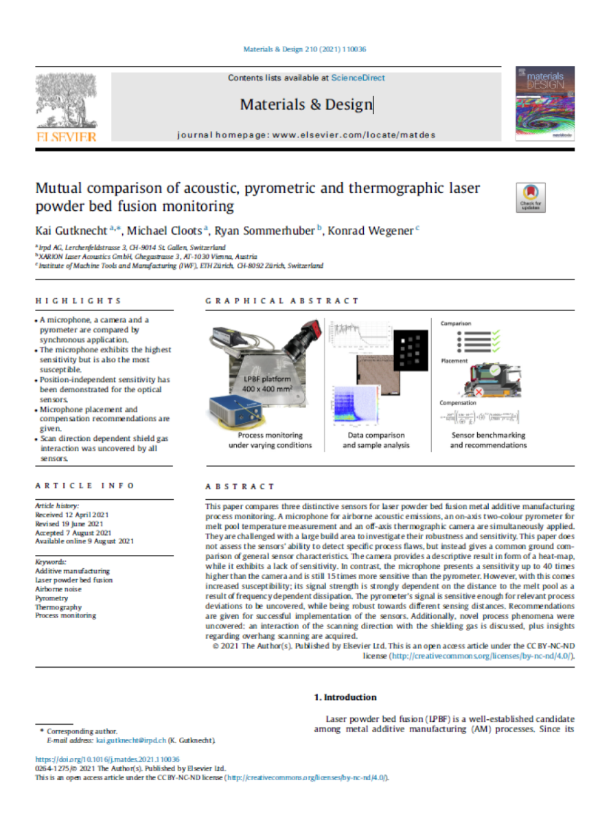 Cover page of the publication "Mutual comparison of acoustic, pyrometric and thermographic laser powder bed fusion monitoring", illustrating XARION's optical microphone / laser-excited ultrasound technology